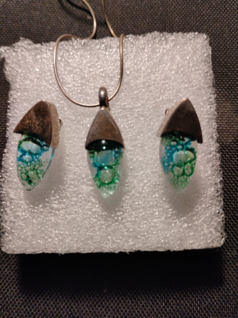 Handmade Green Blue Glass Teardrop Pendant and Earrings Set